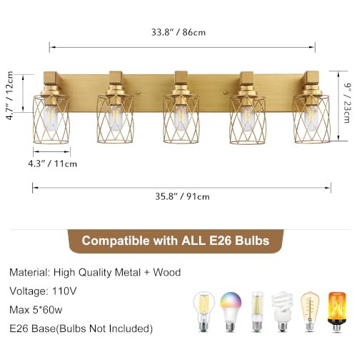 Image of Bathroom Light Fixtures, 5 Light Brushed Gold Wood Vanity Lights