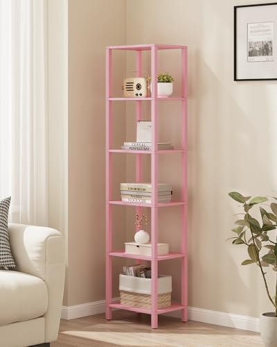 TUTOTAK Bookshelf 6-Tier Tall Book Shelf Narrow Bookcase for Small Space DIY Stackable Bookshelf for Living Room Office Study Entryway Industrial Pink BS01BP006