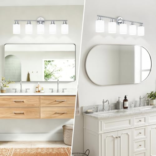 Image of 5-Light Chrome Vanity Lights for Mirror, Bathroom Light Fixtures with Textured Milky White Glass Shade, Modern Kitchen Light Fixtures Wall Sconce Light