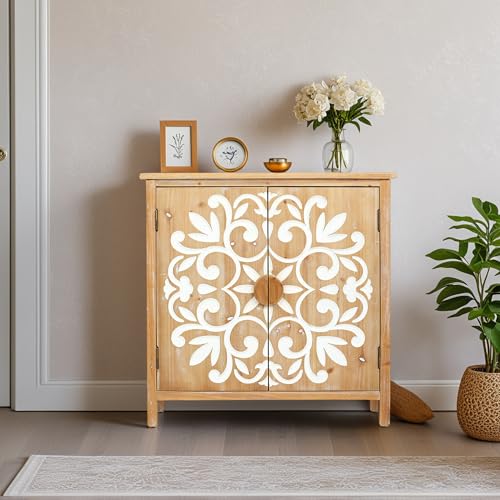 Image of Small Entryway Cabinet with Storage - Farmhouse Cabinet for Living Room, Decorative Storage Cabinet with Floral Carvings, Antique Brown & White Accent Cabinets
