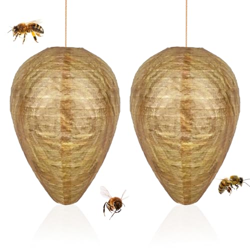 2 Pack Wasp Nest Decoy Hanging Bee Repellent Stay Away from Wasps Waterproof Hornet Jackets Nests Hornets Yellow Repellents Artificial Traps Decoys Large Fake Wasp Nest for Outdoor Garden