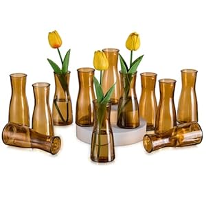 Glasseam Brown Glass Bud Vase: Small Set of 12 Mini Vases for Centerpieces, Flowers, Wedding Table, Dining Room Decoration – Modern Minimalist Cute Decorative Decor
