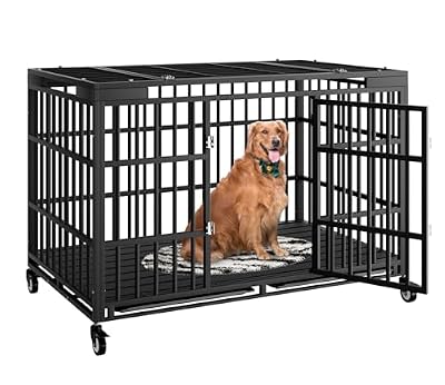 HMHTCT 54 Inch Heavy Duty Dog Crate with Wheels,Indestructible Escape-Proof Dog Kennel with Locking Latch and Double Door,Extra Large XL XXL Crate Indoor for Large and Medium Dog with Removable Tray