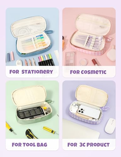 Image of SUNEE Cute Pencil Case, Large Colored Pencil Pouch, Aesthetic Pen Bag with Zipper, Kawaii Stationery Storage and Organizer, School Supplies for Teen and Adult, Boys & Girls, Purple Checkered