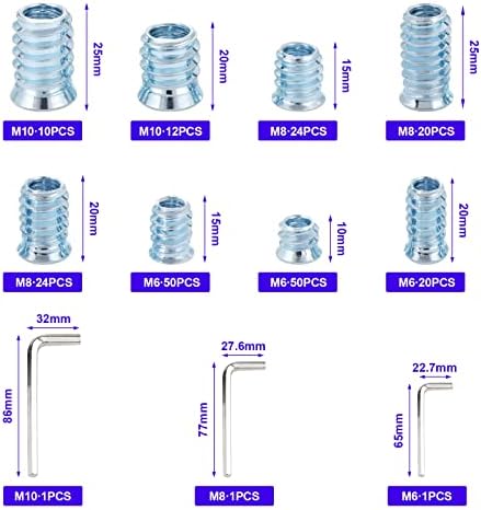 Knpwer 210 Pcs Threaded Inserts Nuts,Carbon Steel Threaded Inserts, M6 M8 M10 Insert Hex Socket Screw for Wood Furniture, with 3 Pcs Hex Spanner