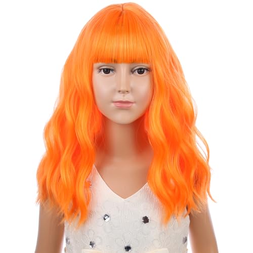 Image of PATTNIUM Kids Bright Orange Wig with Bangs Girls Short Curly Wavy Orange Bob Wigs Synthetic Wigs for Children Cosplay Costume Party