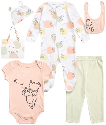 Image of Disney Newborn Baby Girl Boy Clothes - 7 Piece Mickey Mouse Winnie the Pooh Bib Onesie Overall Beanie Pants Gift Bag Gift Set