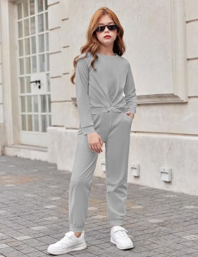 Image of Arshiner Girls 2 Piece Outfits Fashion Twist Front Tracksuit Long Sleeve Pullover Sweatshirt Sweatpants Jogger set Sweatsuit