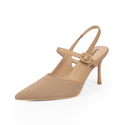 Easyfox Closed Toe Heels for Women Pointed Toe Stiletto Knitted Slingback Heels Womens Pumps Wedding Dress Shoes