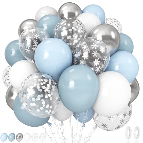 Baby Blue White Winter Wonderland Balloons, 60PCS Dusty Blue and White Metallic Silver Snowflakes Balloons for Ice Snow Wonderland Wedding Birthday Baby Shower Christmas New Year’s Party Decorations