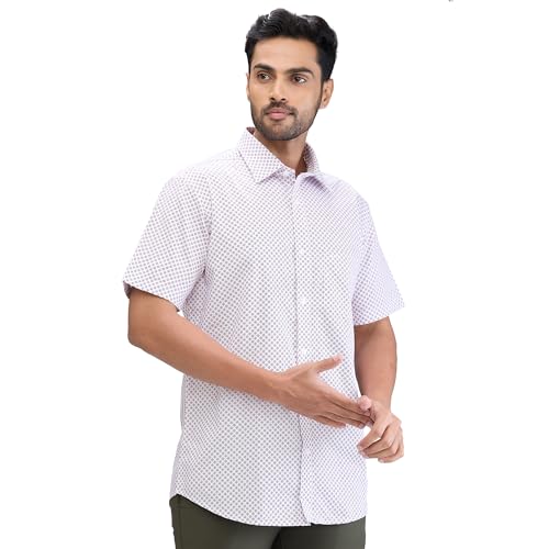Image of Colorplus Men's Regular Fit Print Pattern Pure Cotton Plain Collar Half Sleeve Casual Shirt