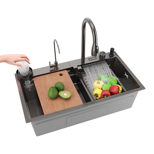 SIRHONA Évier de Cuisine avec Cascade, Évier Multifonction 1 Bac en Inox 80x45 cm, Robinet Rétractable, Avec Affichage de la Température, Noir