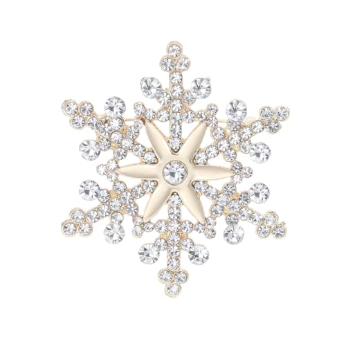 Elegant Snowflake Rhinestones Christmas Ornament Brooch Lapel Pins for Women Dainty Crystal Winter Flower Decoration Brooches Pin Holiday Party (Golden, One size)