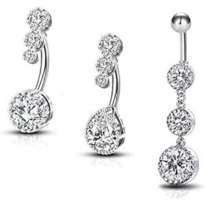 OUFER 3PCS Belly Button Rings, Clear CZ 316L Surgical Steel 14G Belly Rings Dangle Navel Rings Belly Rings Belly Piercing Jewelry Silver