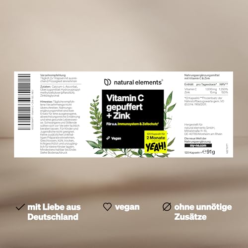 natural elements Vitamin C - 120 Kapseln - Hochdosiert mit 1000mg + 15mg Zink - Pflanzlich fermentiert & gepuffert (pH-neutral, säurefrei, magenschonend) - vegan, laborgeprüfte Qualität