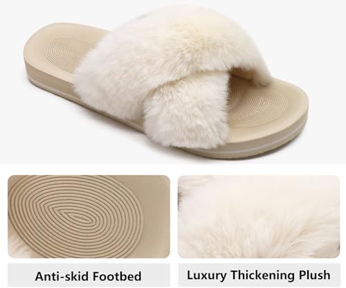 Image of COFACE Womens Fuzzy Slides Fluff Faux Fur Cross Slippers Open Toe Yoga Mat House Slipper Sandals With Arch Support For Indoor /Outdoor