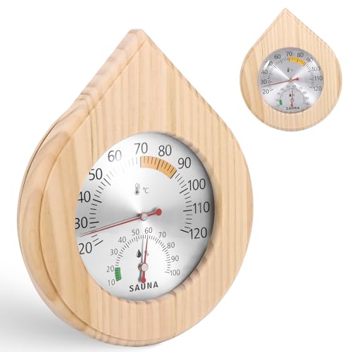 Thermomètre hygromètre 2 en 1 en bois pour sauna en bois avec haute précision, forme de goutte d'eau, pour spa, sauna, hammam.