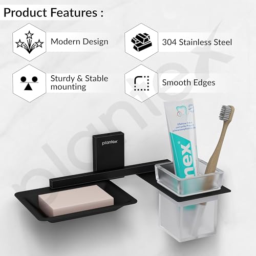 Image of Plantex 304 Grade Stainless Steel Soap Dish with Glass Toothbrush Holder /Soap Stand /Soap Case with Tumbler /Bathroom Accessories - (Crystal, Black)
