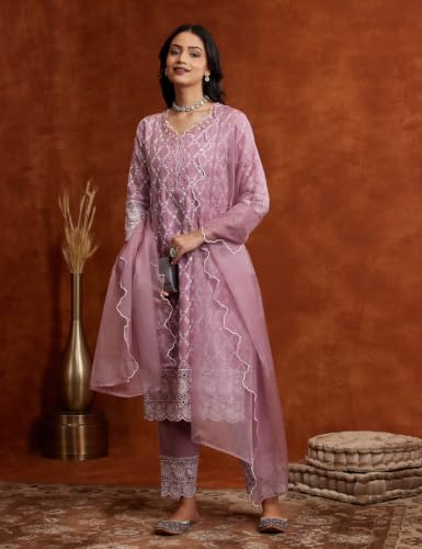 Image of Amazon Brand - Myx Women Embroidered Cotton Kurta Pant Set with Organza Dupatta (Available in Plus Sizes)