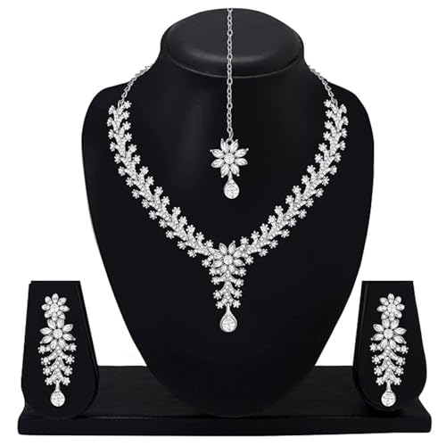 Image of Atasi International Diamond Necklace Jewellery Set for Women with Earrings and Maang Tikka for Wedding, Party, Engagements & Festivals