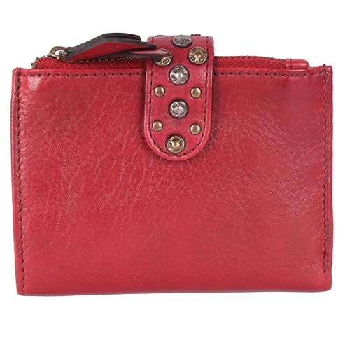 4.75 Inch Genuine Italian Leather Boho Studded Bifold Wallet – Zipper Coin Purse & Credit Card Holder for Women (Red)