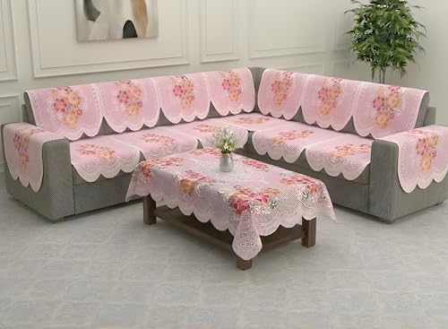 Image of Fab Nation Sofa Cover L Shape 7 Seater with Corner L Type Fully Covered Sofa Set for Living Room | Cotton Sofa Slipcovers for 4 + 3 Seaters Cover with 2 Arms + 1 Table Cover | Pink Flowers