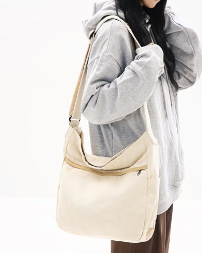 Image of Cotton Tote Handbag Women Canvas Crossbody Beach Bag Hobo Shoulder Tote Bag with 3 External Pocket,Zipper Closure