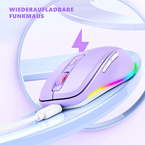 seenda Kabellose LED-Maus, Wiederaufladbar Mit Maus Jiggler, Leise 2.4G USB Funkmaus für Laptop, Computer - Beleuchtet, DPI 2000, für PC, Windows (Lila)