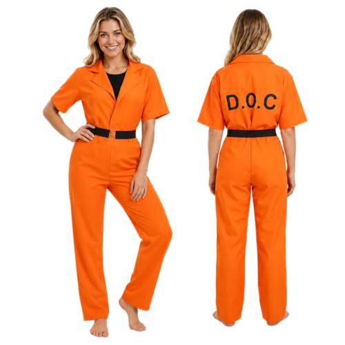 Joyincoser Orange Prisoner Costume Men Adult Sexy Prison Jail Jumpsuit Inmate Convict Suit Criminal Robbers Overalls Orange Boiler Prisoner Belt Halloween Fancy Dress Gift for Cosplay Party (Large)