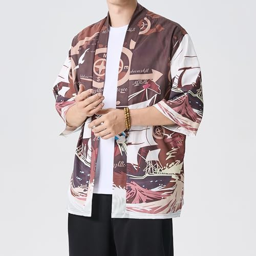 PRIJOUHE Men's Japanese Kimono Cardigan Jackets Casual Long Sleeve Open Front Coat Lightweight Yukata Outwear4