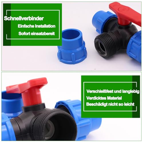 2 Stück 3-Wege PP-Fitting, BetterJonny PE-Fitting Kugelhahn 3 Fach 25mm Rohr Kugelhahn Kunststoff Klemmverbinder 3 Wege Rohrkugelhahn Klemm Ventil Kugelventil Absperrventil für PE Rohr 25mm