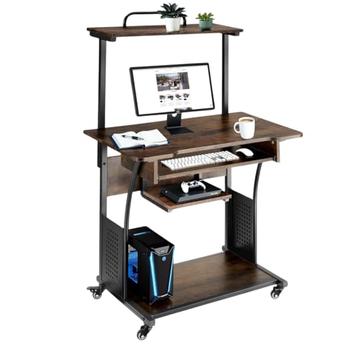 tectake® Mesa Ordenador, Madera y Acero, 3 Niveles de Almacenamiento, Escritorio pc, Muebles Oficina, Mesa Escritorio - 80 x 65,5 x 130,5 cm Madera Industrial Oscura, Rústica