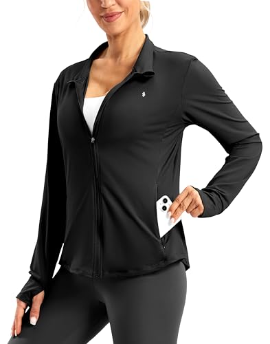 Soothfeel Women's UPF 50+ Lightweight Athletic Jackets Sun Protection Zip Up Long Sleeve Shirts Hiking Workout Outdoor Pocket, Black, L
