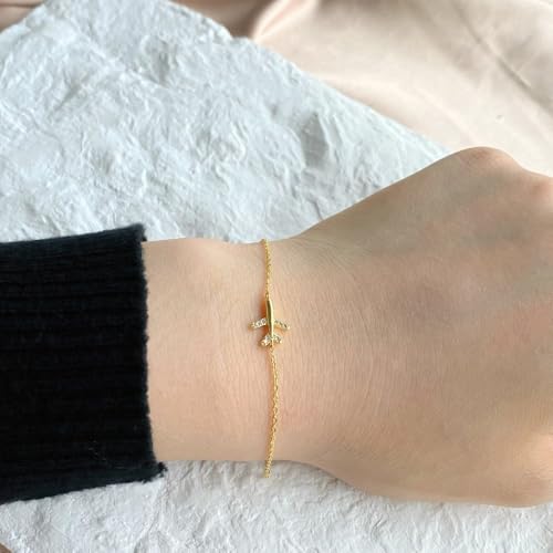 Cubic Zirconia Airplane Bracelet for Women 925 Sterling Silver Fly Plane Delicate Bracelets Minimalist Adjustable Statement Hypoallergenic Chain Jewelry2
