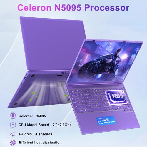 Image of 2025 16 Inch Gaming Laptop N5095 (Up to 2.9 GHz) 12GB+512GB SSD Support 1TB Expand Win 11 Laptops 1920 * 1200 FHD Screen 5G WiFi BT 4.2 Webcam Cooling Fan Numeric Keypad-Purple
