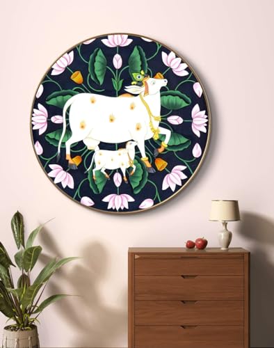 Image of SAF Large Round Pichwai Cow Wall Painting with golden frame Vinyl Sparkle laminated||Home decor Painting,Living Room, Bedroom,Office Room Decor - Painting for Wall Decoration GRM-07A