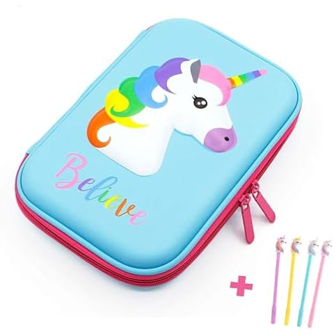 Pencil Case, iDelta 3D Cute EVA Unicorn Pen Pouch Stationery Box Anti-Shock Large Capacity Multi-Compartment for School with 4 unicorn pens Cover