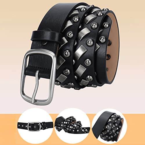 Punk Studded Belt Metal Rock Grommet Threads Goth Rivet Black Leather Belts with Bright Pyramid Studs for Women Men(115cm/waist:38"~40", Studded~D)4