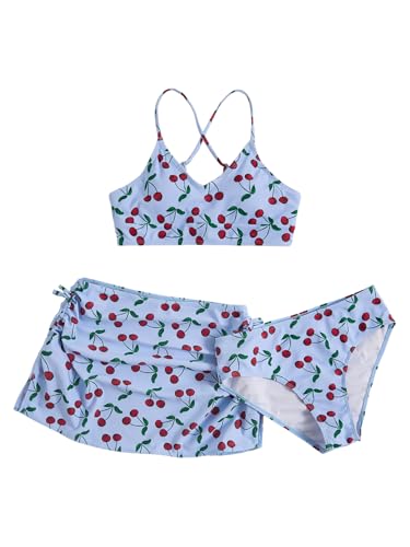 Image of Floerns Girl's 3 Piece Swimsuit Cherry Print Cute Bikini Set with Cover Up Skirt