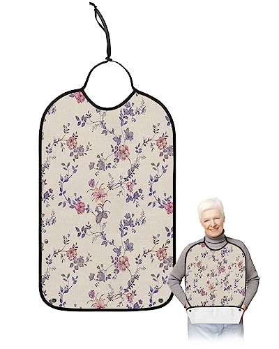 Kewadony Adult Bibs for Elderly Women - Purple Cherry Blossoms Waterproof Dining Clothing Protectors with Crumb Catcher for Eating/Feeding, Spring Florals Vintage Terry Cloth Bib Machine Washable