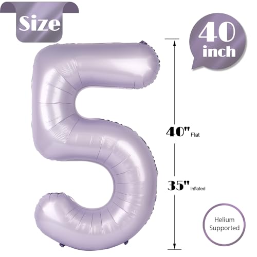 Image of Lilac 5 Balloon, Number Balloons 40 Inch, 5th Birthday Balloon Decorations, Lavender Party Supplies, 5 Number Balloons, Number 5 Balloon