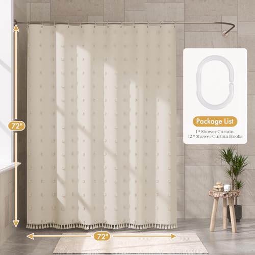 Image of AmazerBath Boho Farmhouse Shower Curtain with Tassels, Soft Cloth Beige Shower Curtain Set, Polka Dots Chevron Fabric Rustic Shower Curtain with Hooks, Hotel Quality, 72x72 Inches