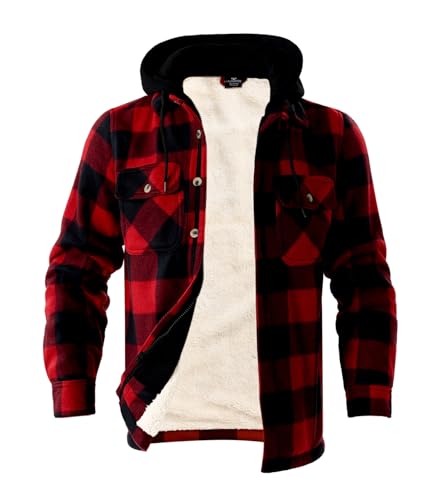 Image of LeeHanTon Mens Heavyweight Hoodies Casual Zip Up Plaid Flannel Shirt Jackets Winter Thick Berber Lined Fleece Coat