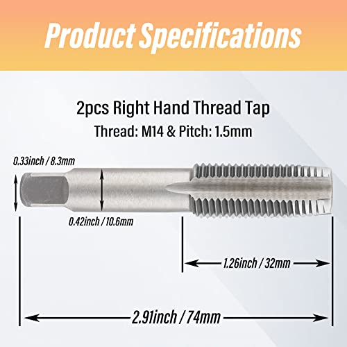Image of 2pcs M14x1.5 Tap, M14 Metric Thread Tap Right Hand Thread Tapping Tool, HSS Thread Milling Taps (M14 x 1.5, Taper & Plug Tap)