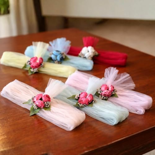 Image of SATYAM KRAFT 24 Pcs Ready-to-use Net Band with Flower Bunch - Reusable Wedding Trousseau Packing, Trolley Bag Decoration, Crafting & DIY Projects (Multicolor)