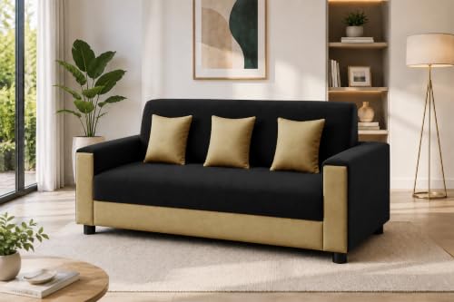 Image of 3 Seater Wooden Sofa | Velvet Fabric Couch with Cushions | Comfortable Living Room Sofa | Sturdy Wooden Frame | Home & Office Furniture | Black & Beige