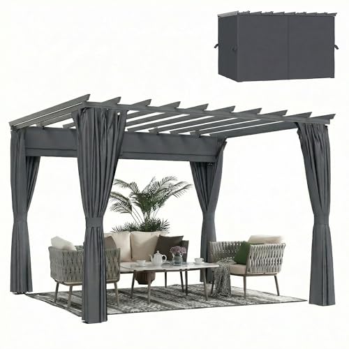 Outsunny 3.6 x 3 m Pergola with Retractable Roof Canopy and Curtains, Aluminium Frame Garden Pergola Gazebo Sun Shade Shelter for Grill, Patio, Deck, Dark Grey