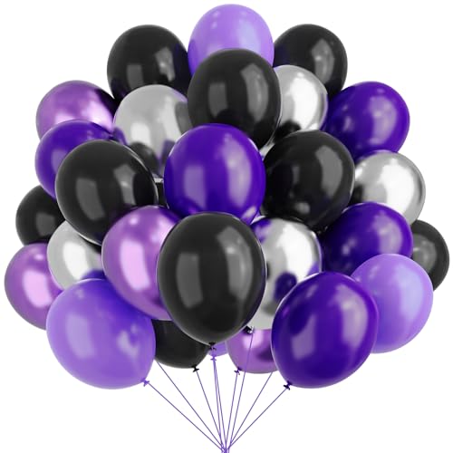 Image of Purple and Black Balloons, 67pcs 12 Inch Purple Black Silver Latex Balloons for Birthday Graduation Bridal Shower Halloween Party Decorations