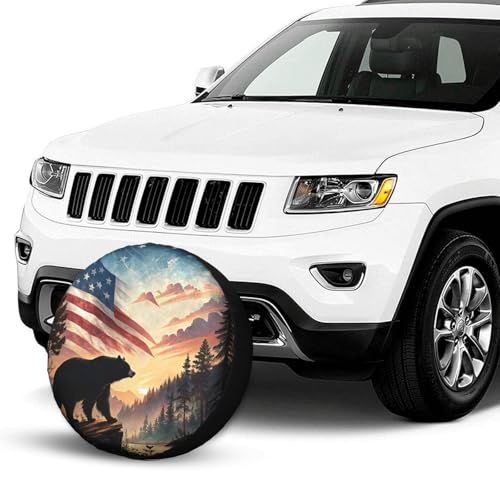 Image of Black Bear American Flag Sunset Mountain Spare Tire Cover Wheel Protectors Waterproof UV Resistant Wheel Covers Universal Fit for SUV Truck Rv Trailer Camper Travel Accessories 17 inch