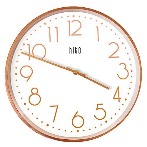 hito Silent Non Ticking Wall Clock Glass Front Cover Accurate Sweep Movement 14 inch Large Oversized Decorative for Kitchen, Living Room, Bedroom, Office, Classroom (Rose Gold)